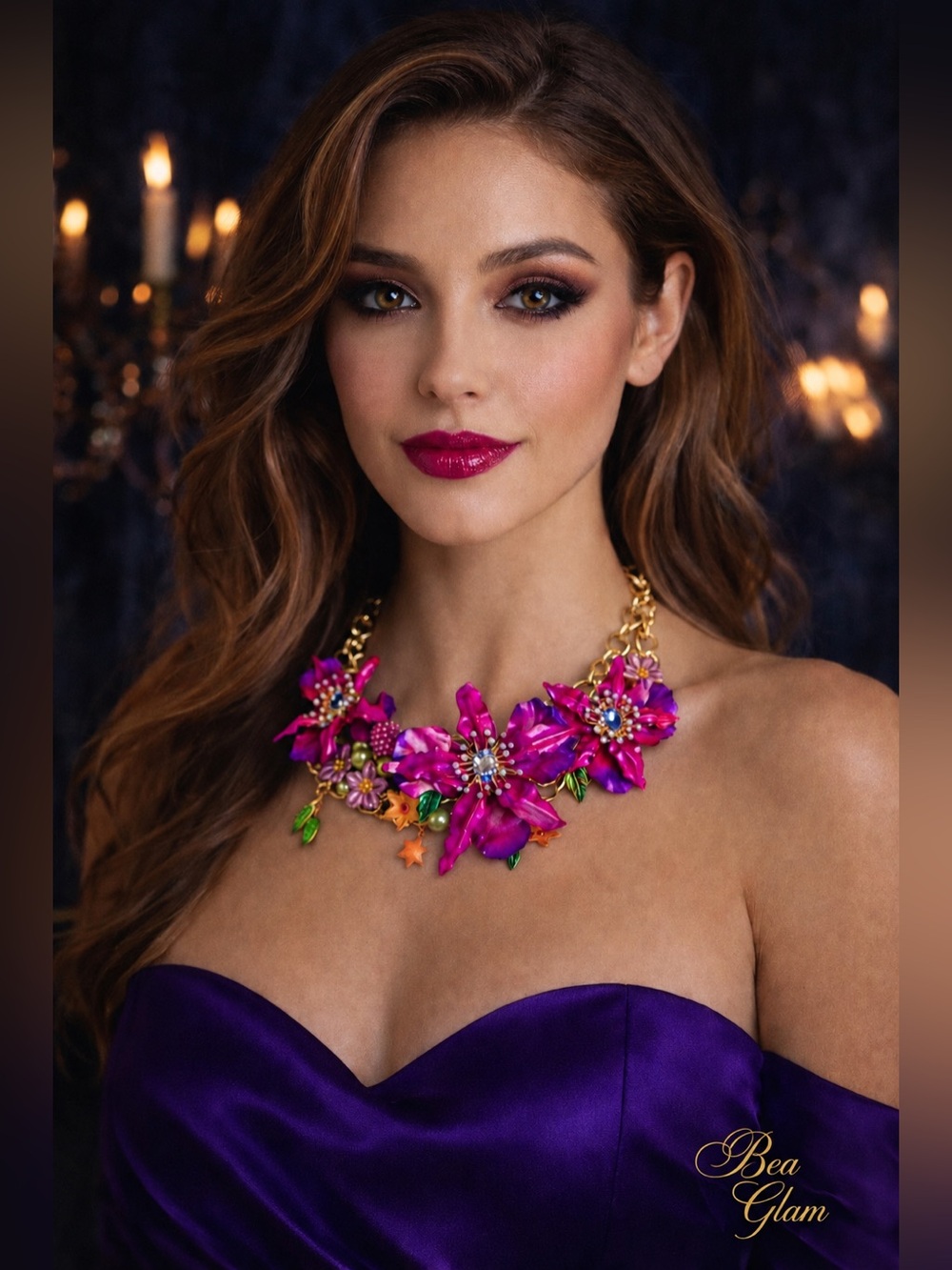 Betsey Johnson Fuchsia Floral Crystal Statement Necklace